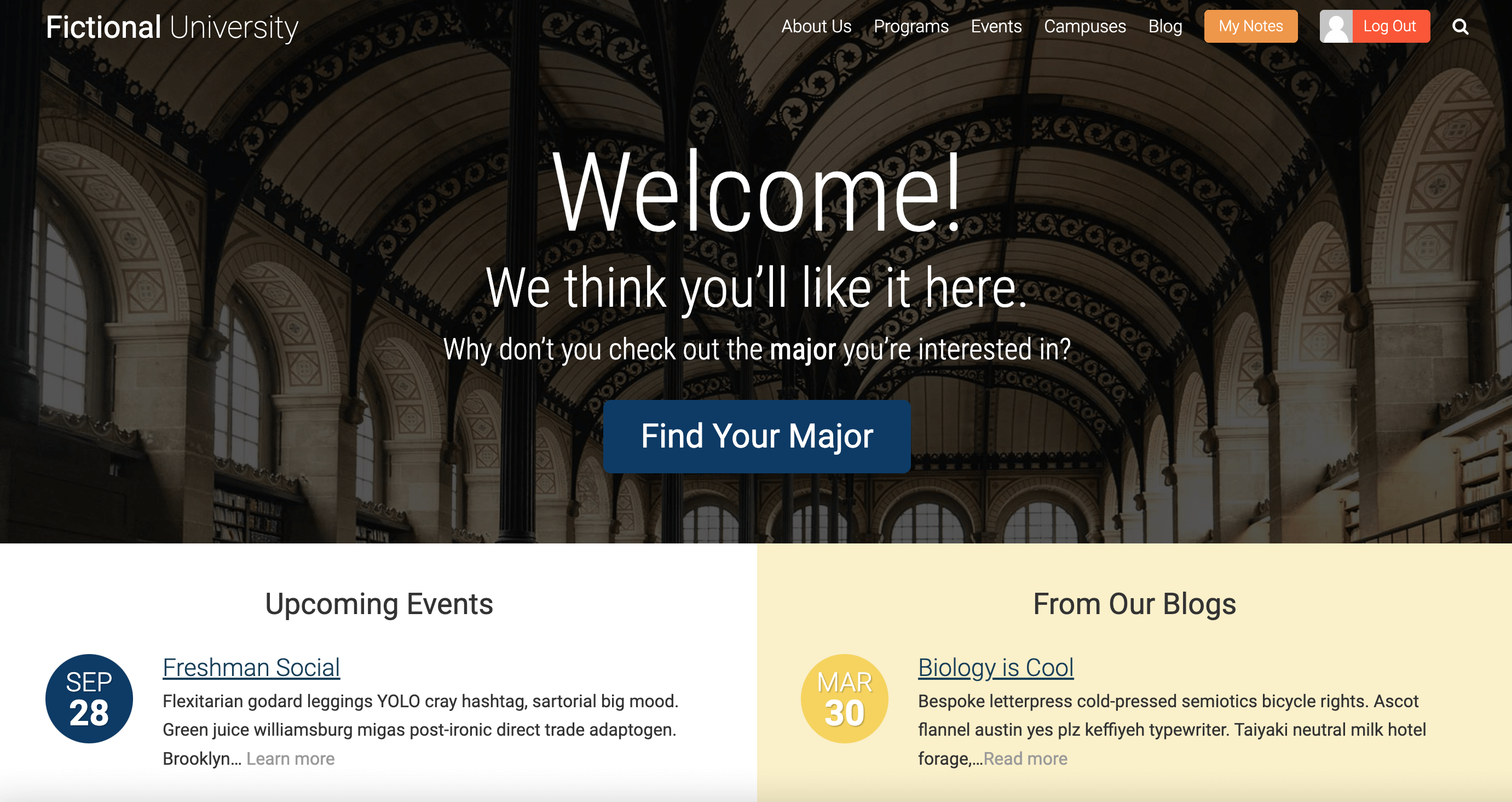 fictional university website screenshot